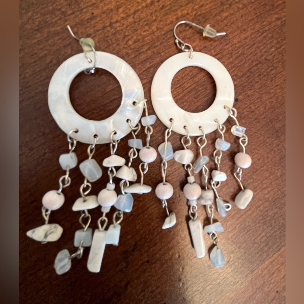 Elegant Dangle Earrings with White iridescent and Silver Accents